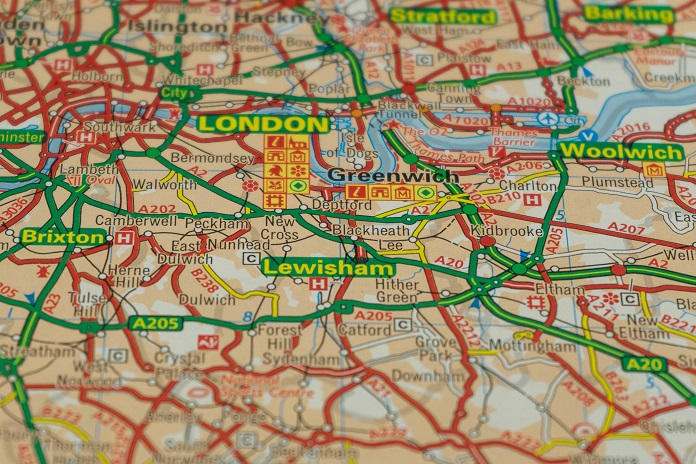 A traditional road map showing Lewisham at the center.