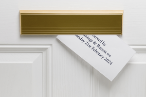 An eviction notice being posted through a front door letterbox