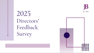 Cover for the report shows the J&B logo, the text "2025 Directors' Feedback Report'. Purple shapes add accents to the white background.