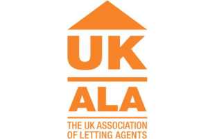 The UKALA logo is orange. The letters UK are underlined, the letters ALA sit under the line. Another line splits the ALA letters from the name "The UK Association of Letting Agents". A triangle is on top of the letters UK, creating the shape of a house.