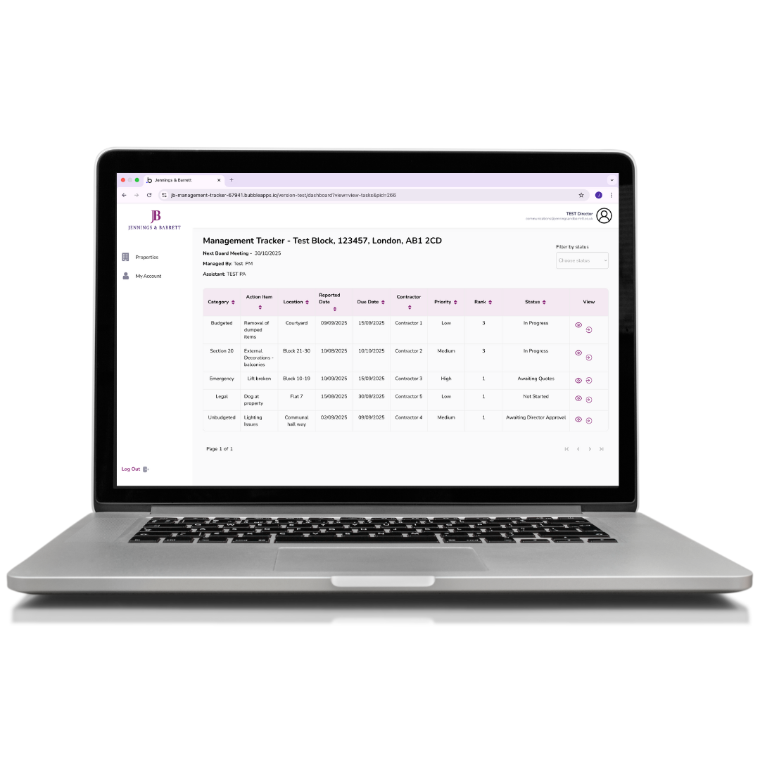 A laptop screen shows the Management Tracker task list